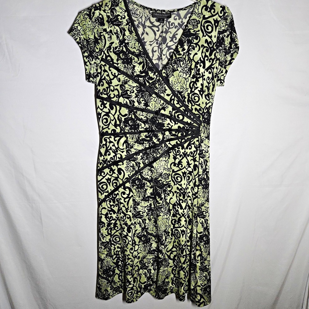 Connected Apparel Wrap Dress Womens 14 Green Black V Neck Whimsigoth